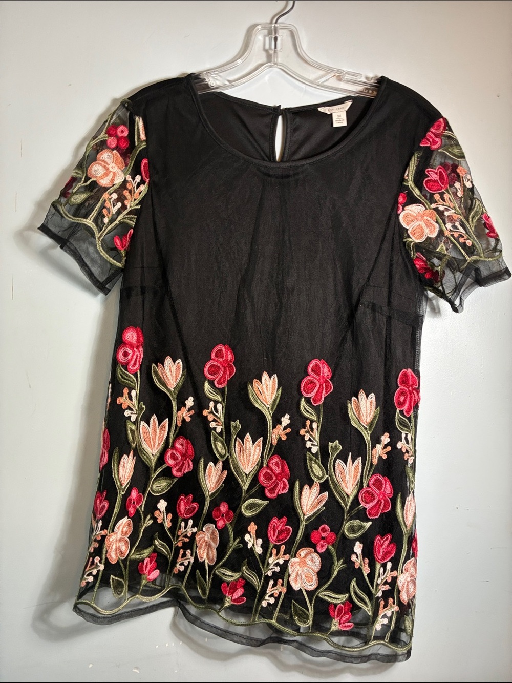 Embroidered Black Floral Mesh Short-Sleeve Top